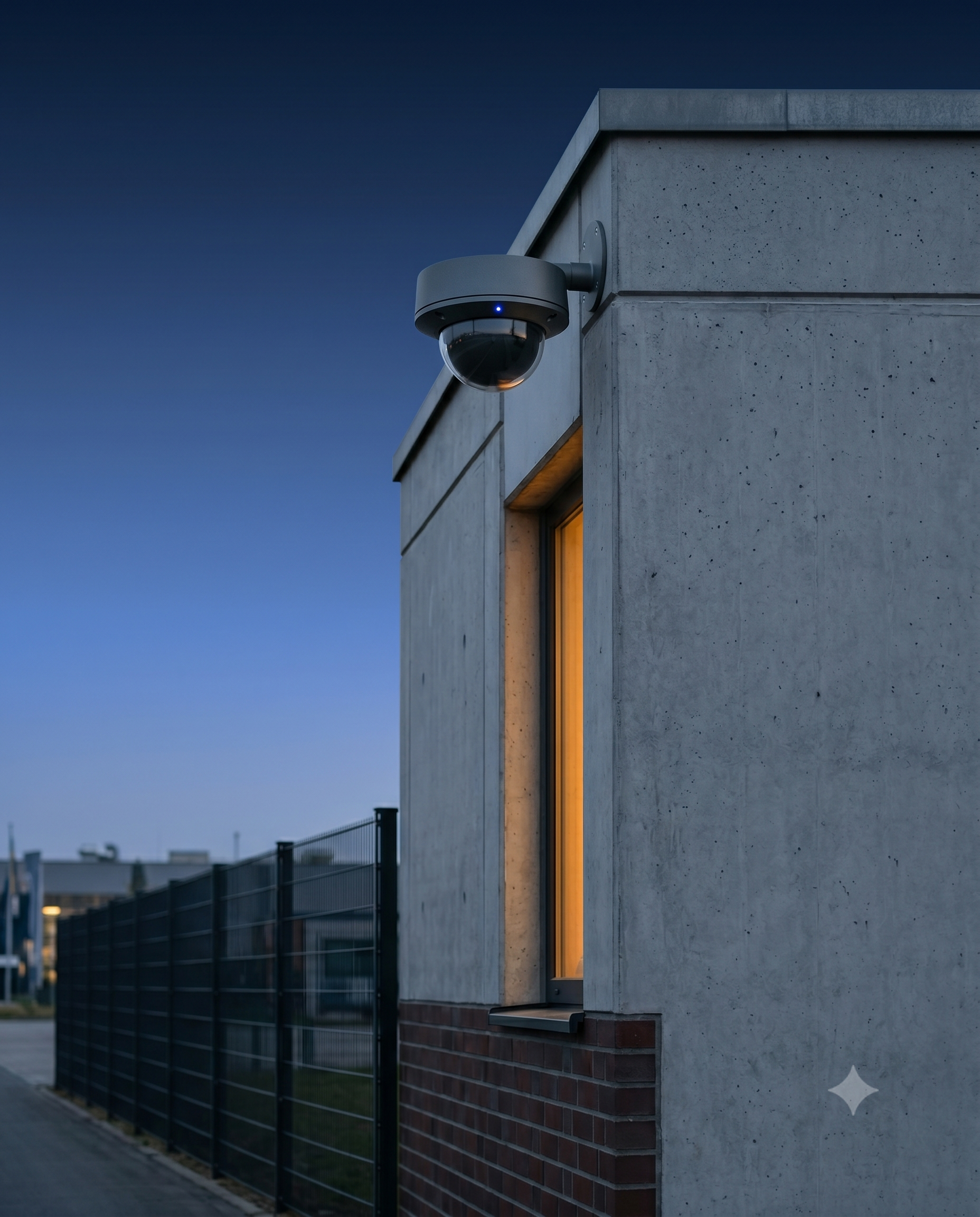 Sichtbeton-Pförtnerhaus eines deutschen Gewerbegeländes bei blauer Stunde. Eine moderne Kuppel-Überwachungskamera am oberen Wandeck, beleuchtet von einer warmen LED-Wandlampe.